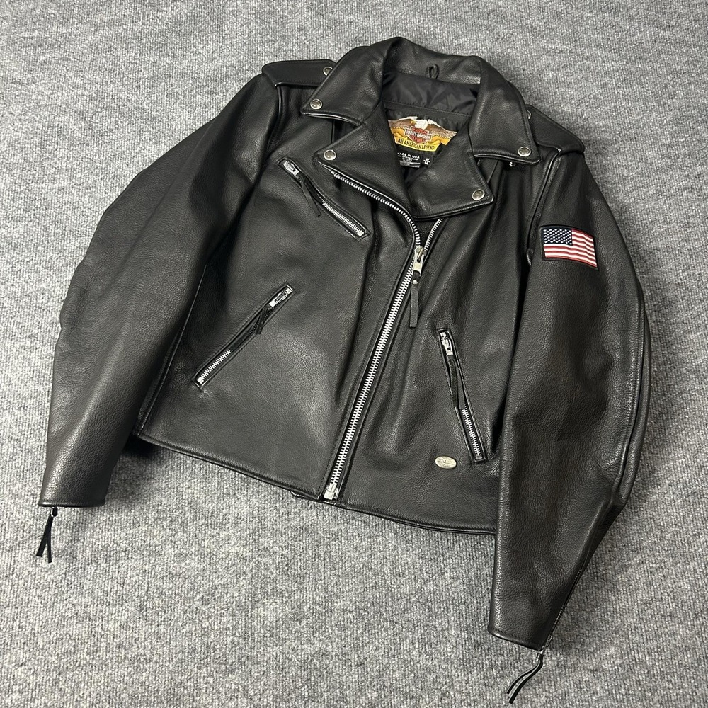 Harley-Davidson Jacket Womens Medium Black Leather Motorcycle USA Flag Biker